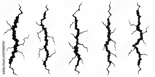 Set of five black graphic illustrations of vertical cracks on a white background