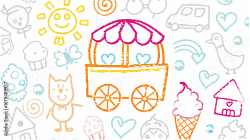 Childlike drawing featuring a toy cart with hearts, surrounded by sun, animals, and other whimsical shapes silhouette