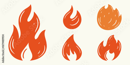 Collection of stylized flame icons in various sizes and shapes on a light background