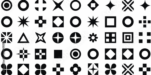 Collection of black geometric shapes and symbols on white background