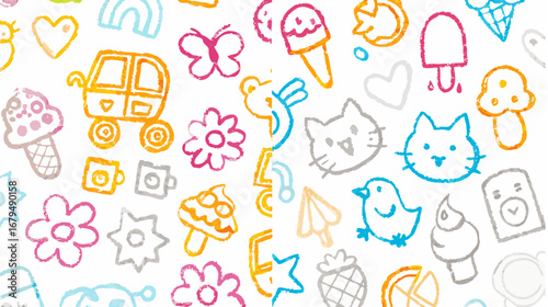 Illustration featuring crayon style drawings of various objects including animals and food items scattered around silhouette