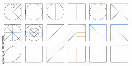 Collection of geometric designs featuring squares circles and lines demonstrating mathematical concepts