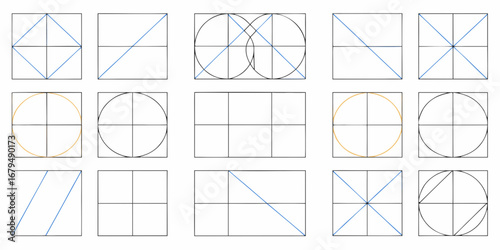 Geometric grid patterns and shapes featuring circles and diagonal lines on white background