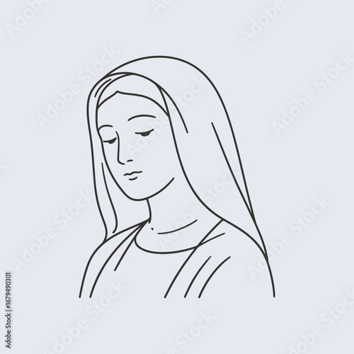 Mother Mary Vector Outline Illustration in Monochrome Line Art Style, Gentle Christian Symbol of Prayer, Madonna Minimal Design for Religious Prints and Sacred Artworks