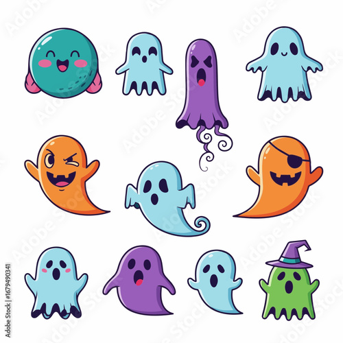 Spooky cute ghost character vector collection, friendly Halloween spirits for kids, party, and holiday design.