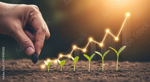 Hand planting seed with line graph concept investment and business growth metaphor