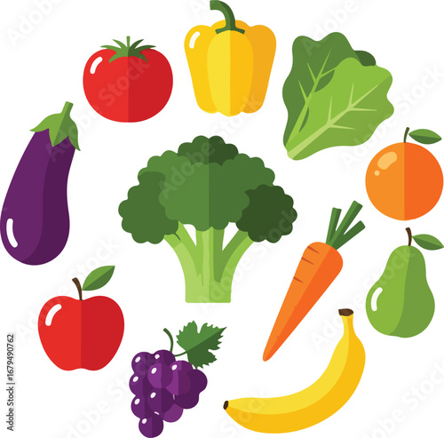 Colorful graphic illustration of various fresh fruits and vegetables arranged in a circle.