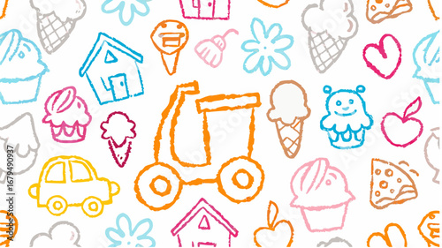 Seamless pattern of crayon drawings featuring houses, ice cream, cars, and other childlike designs silhouette