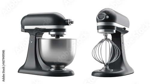 Two black and gray stand mixers, side-by-side.  One features a metal bowl; the other has a whisk attachment