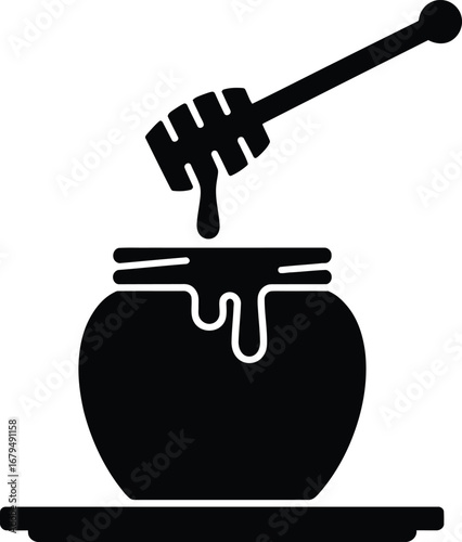 Black silhouette of a honey pot with a dripping honey dipper