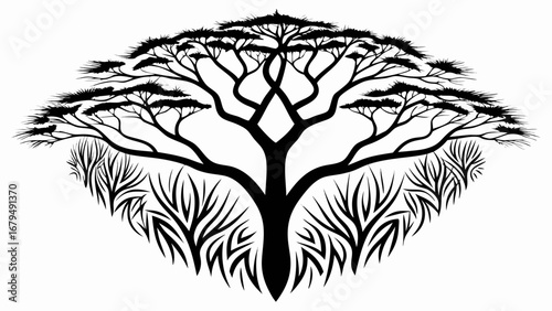 Elegant acacia tree silhouette with detailed branches and grass, perfect for natural branding and safari themes