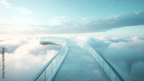 A stunning modern bridge stretches across a blanket of clouds, merging cutting-edge design and heavenly views