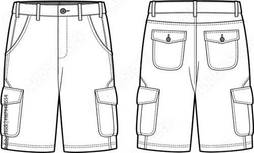 Cargo shorts technical sketch, front and back view, fashion flat drawing, apparel design, vector illustration, garment CAD, clothing template, menswear