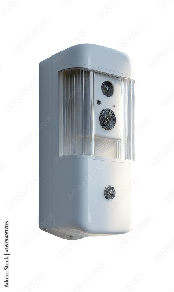 Obraz premium A white security camera, rectangular, with a rounded corner design. Visible lenses and a motion sensor