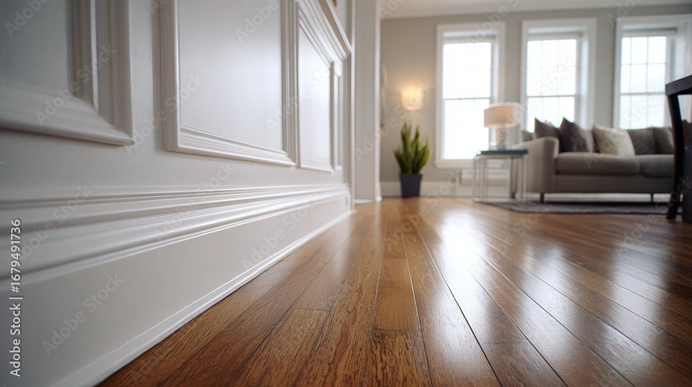 Fototapeta premium A stylish living room featuring wooden flooring, modern furniture, and decorative plants. Bright and inviting atmosphere with natural light.