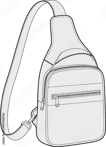 Crossbody sling bag, technical fashion sketch, flat vector illustration, zipper detail, CAD drawing, apparel design, product mockup, accessory template