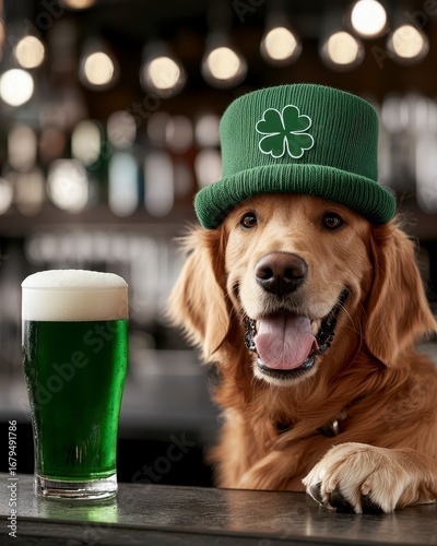 Happy golden retriever dog with green beer for St. Pa. Joyful canine with emerald brew for saint patrick celebration domestic animal pet ale beverage festivity holiday lucky