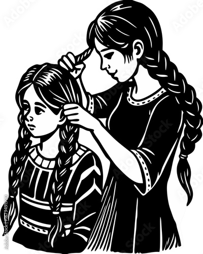 Sisters Braiding Hair Illustration