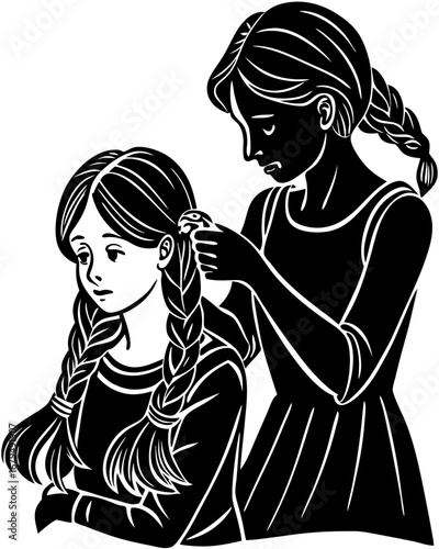 Sisters Braiding Hair Illustration