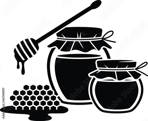Black and white illustration of honey jars honeycomb and honey dipper