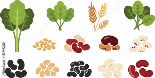 Assorted vegetables and legumes, including spinach, wheat, beans, and peas.