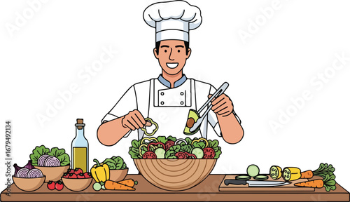 A cheerful chef prepares a vibrant vegetable salad, surrounded by fresh ingredients on a wooden table.