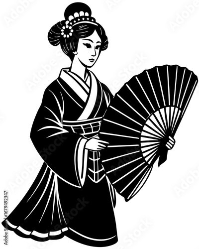 Elegant Geisha with Fan Silhouette
