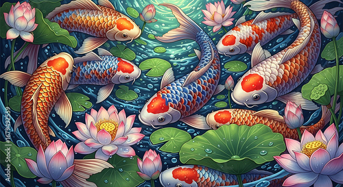 A vibrant school of colorful koi fish swims gracefully among pink lotus flowers in a serene pond.