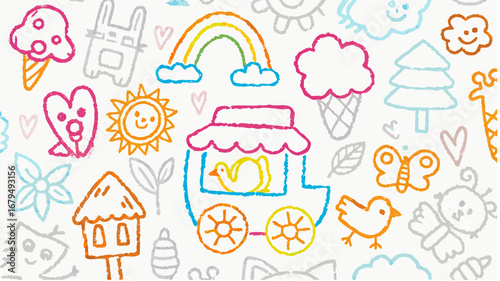 Colorful crayon drawing featuring a whimsical assortment of animals and objects in a playful pattern silhouette