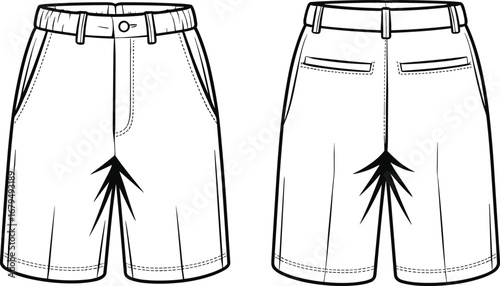 Men’s casual shorts front and back view, summer fashion, pockets, belt loops, comfortable design, casual wear, vector cad drawing flat illustration