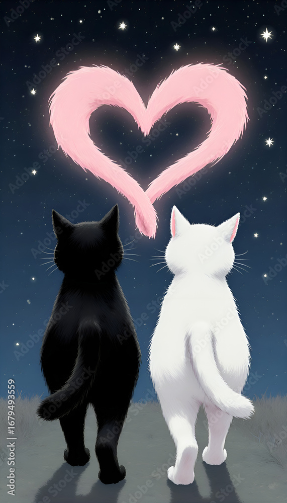 Obraz premium Two cats walk looking at a pink shape of a heart in the starry blue sky. Vintage illustration for Valentine's Day, wedding, engagement greetings with copy space. 