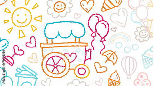 Colorful crayon style drawing featuring a toy cart balloons hearts and other whimsical elements scattered about silhouette