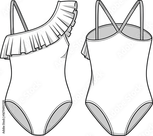 One piece swimsuit, asymmetrical neckline, fashion flat sketch, technical garment drawing, ruffle detail, vector template, apparel design, CAD illustration
