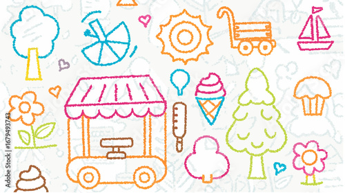 Whimsical drawing featuring a variety of objects including trees, flowers, and a concession stand cart silhouette