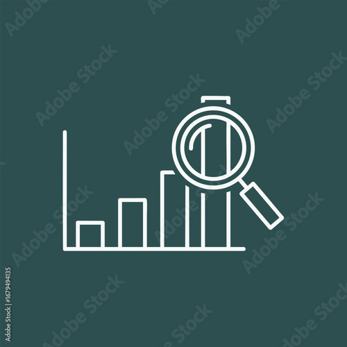 Graphical representation of data analysis with a magnifying glass over increasing bar charts indicating growth trends