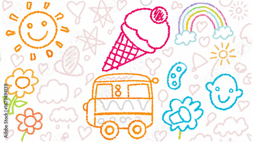 Illustration of sun ice cream rainbow bus flower and smiling face in crayon style drawing on white background silhouette