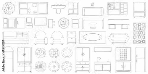 Collection of hand drawn furniture and decor elements for interior design and architectural planning