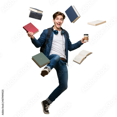 Joyful Student Juggling Books and Coffee Education and Success