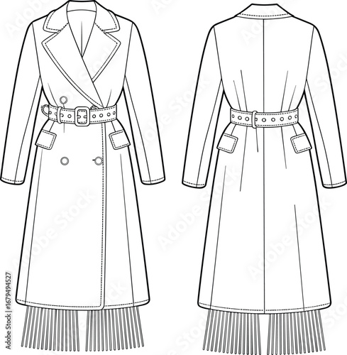 Trench coat fashion sketch, technical garment illustration, front and back view, double breasted coat, fringe hem detail, CAD drawing