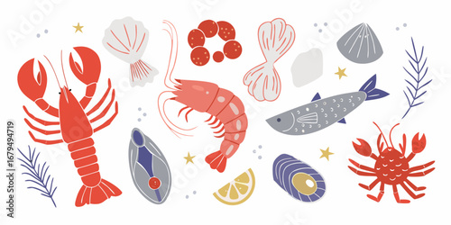 Collection of stylized seafood illustrations including lobster shrimp fish mussels scallops and lemon slice