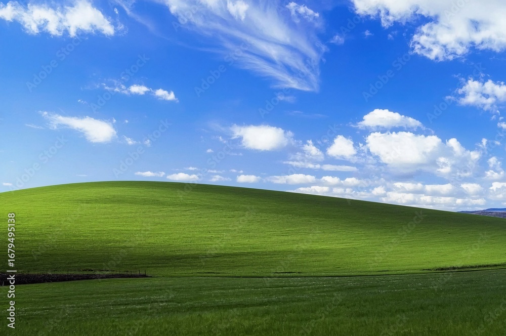 Fototapeta premium Rolling green hills under a bright blue sky, sunny day, pastoral landscape, idyllic background for websites