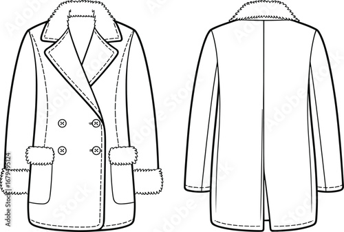 Women's coat technical sketch, double-breasted outerwear design, faux fur trim, fashion flat drawing, garment construction vector illustration