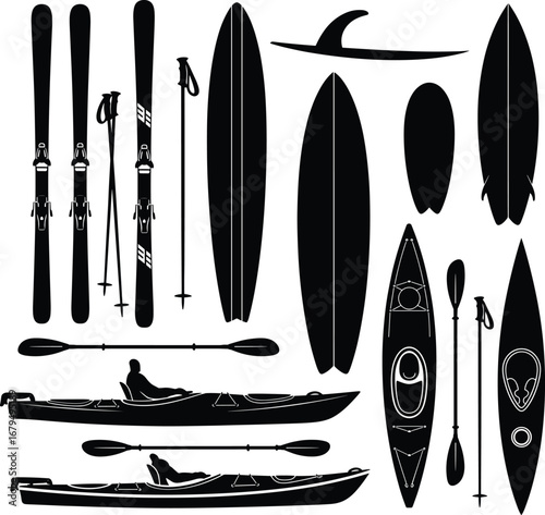 Kayak silhouette collection, surfboard vector, skiing equipment illustration, water sport gear, paddle, ski poles, outdoor adventure, extreme sport design elements