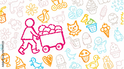 Doodle style illustration of a person pulling a cart filled with round objects amidst various drawings silhouette