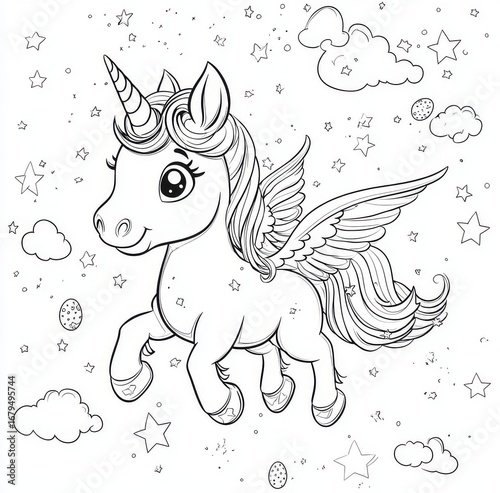 Cute cartoon unicorn with wings flying in sky among stars and clouds coloring page for kids, happy expression with detailed line art design