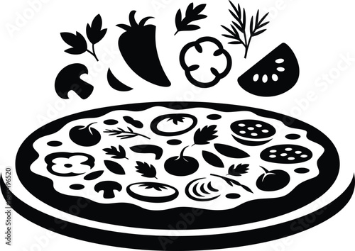 Stylized black and white illustration of a delicious pizza with fresh ingredients