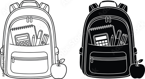 Two backpacks one white and one black with apples ready for school