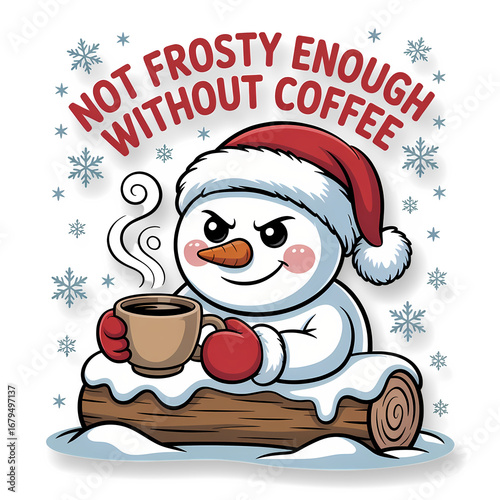 ​A festive snowman with a grumpy face holds a mug of coffee while snowflakes fall, a relatable and funny holiday illustration on transparent background.