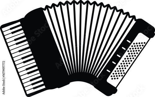 Black and white illustration of a classic accordion musical instrument