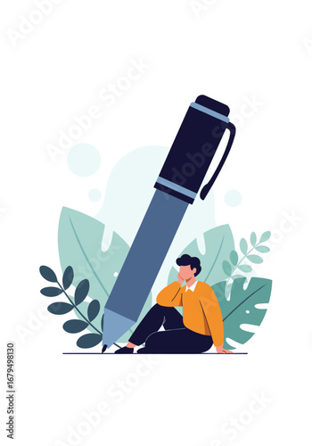 Man sitting thinking deeply next to a very large pen illustrating creativity writing ideas and imagination